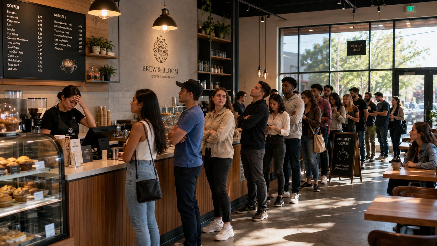 Kiosk kullanmayan, kasa sırası olan yoğun kafe