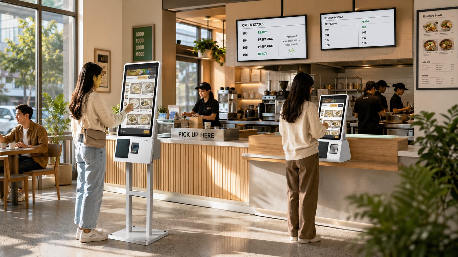 Self order kiosk kullanan, mutlu müşterili ve sipariş takip ekranlı modern kafe