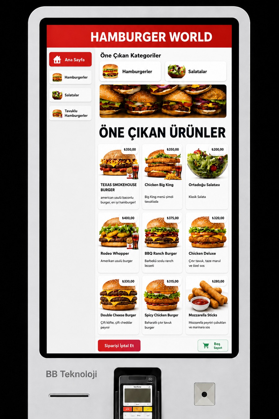 Self servis kiosk ve self order kiosk menü ekranı